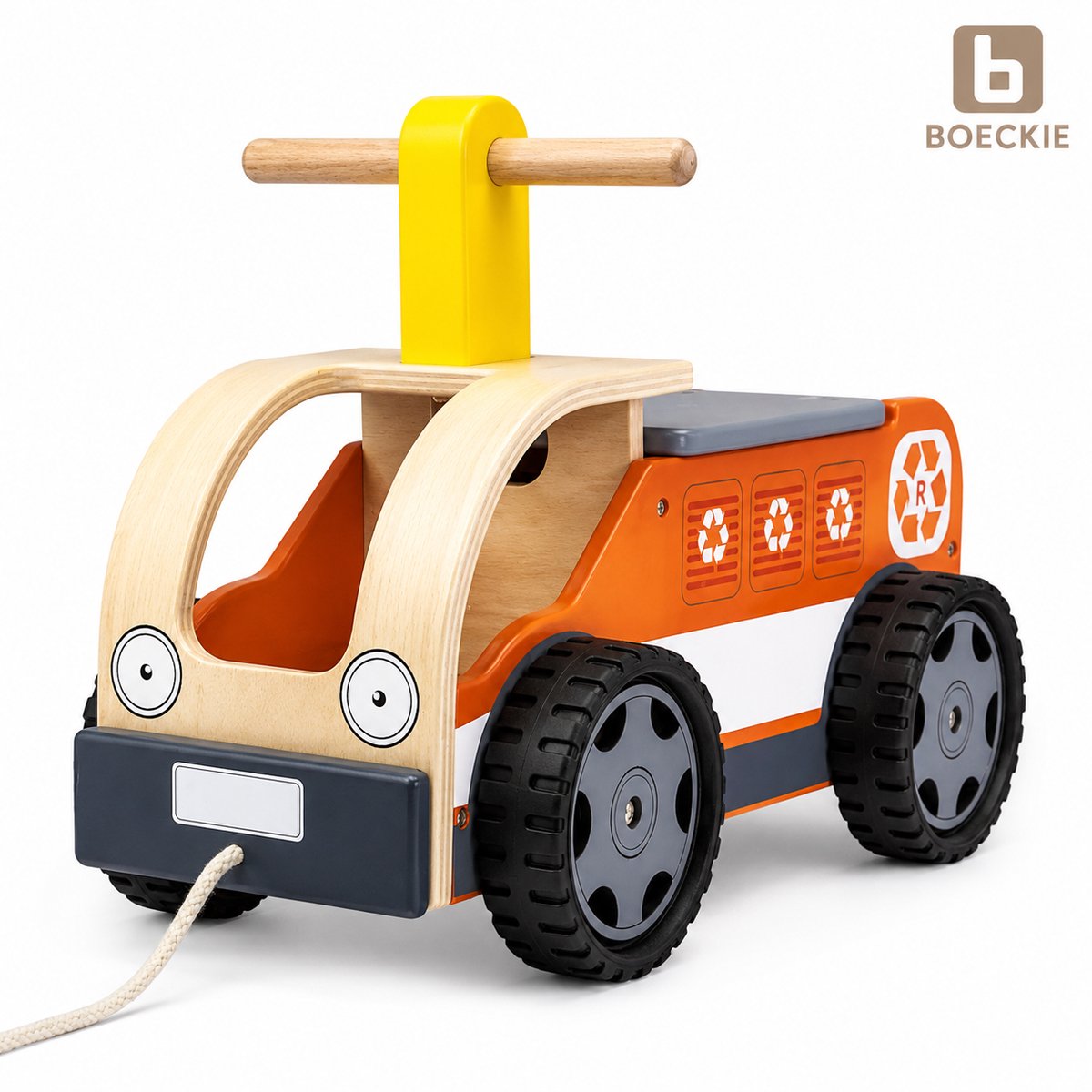 BOECKIE Houten Loopauto Recyclingwagen – Houten Loopwagen & Duwauto – Rubberen Wielen – Vanaf 18 Maanden – 48 cm