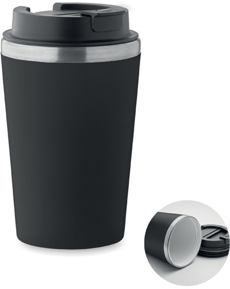 Dubbelwandige beker in PP buitenwand met binnenwand in gerecycled roestvrij staal 350ml Zwart