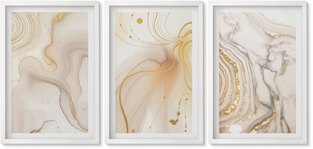 Wallfluent 3-Delige Schilderij Set - Subtiele Abstracte Verfspatpatronen - 40 x 60 - Wanddecoratie - Schilderijen Set - Kantoor - Decoratieve Schilderijen