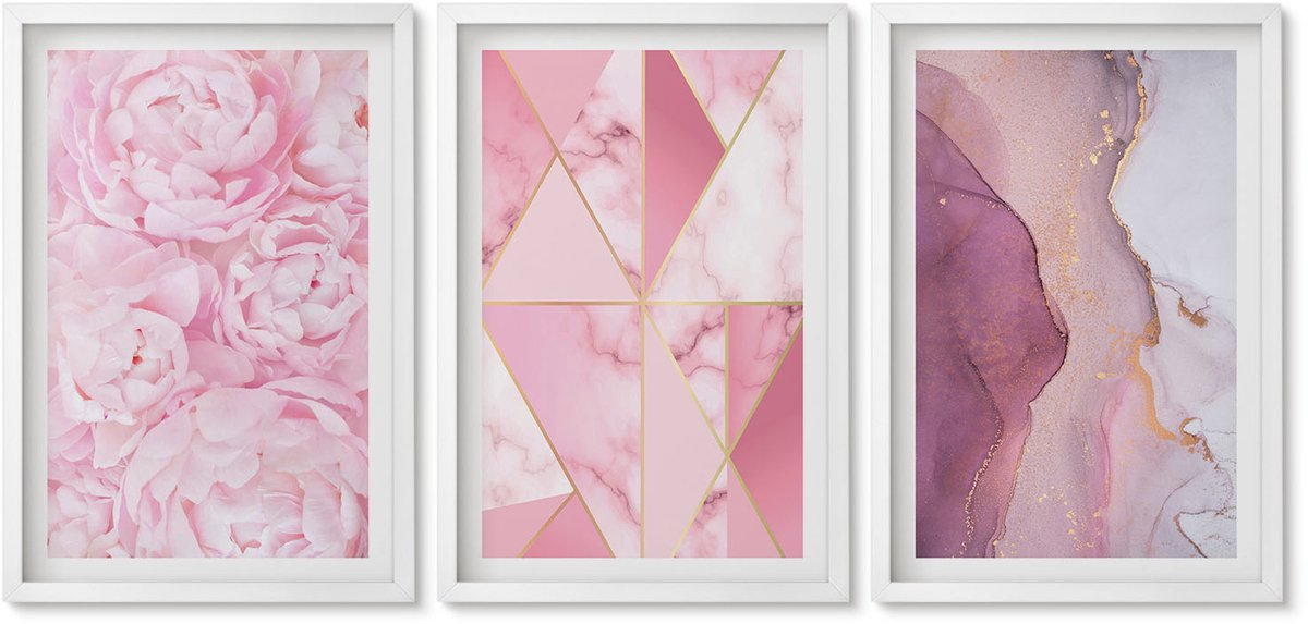 Wallfluent 3-Delige Schilderij Set - Roze Pioenrozen Met Geometrische Patronen - 40 x 60 - Decoratieve Schilderijen - Wanddecoratie - Hal