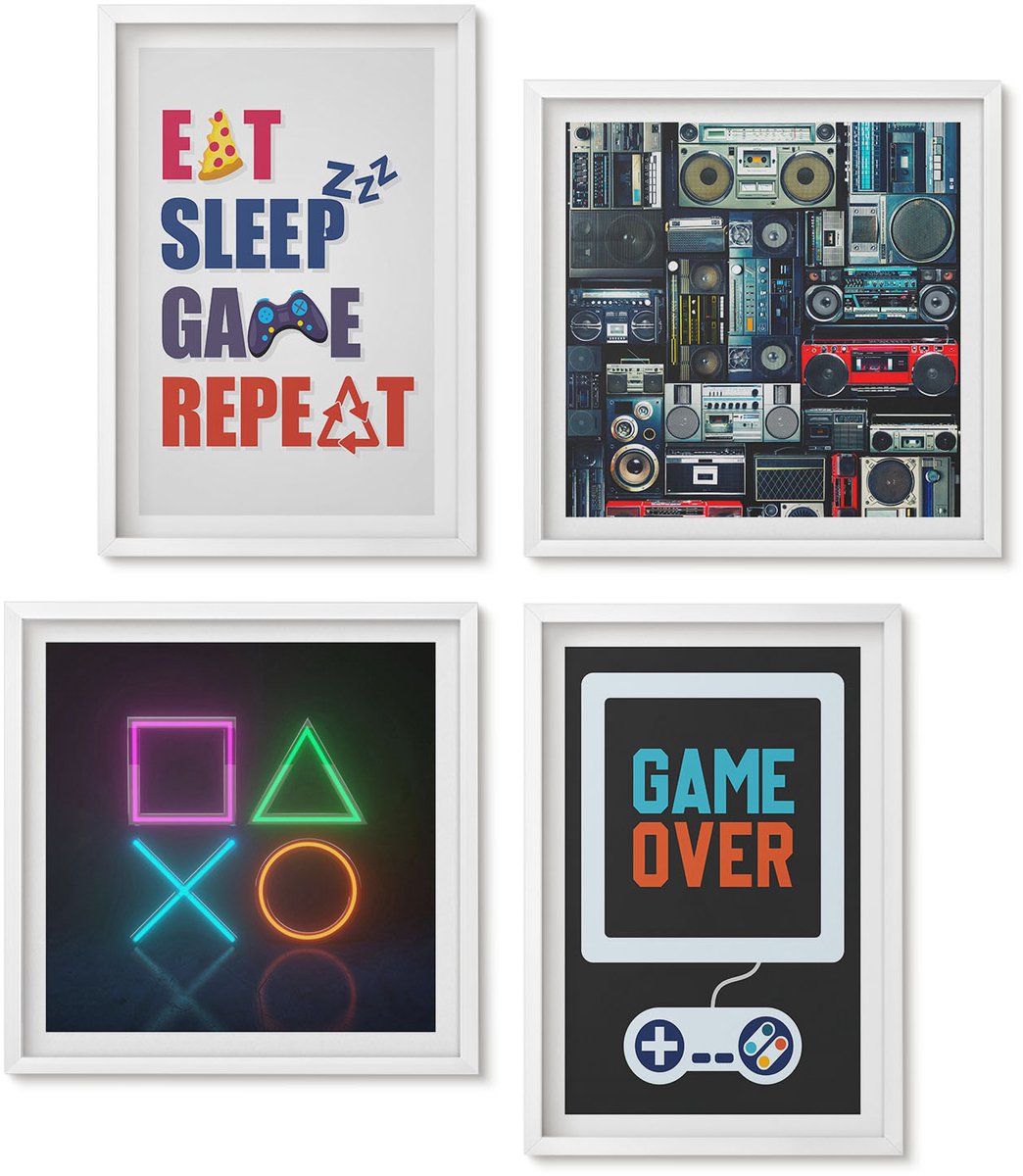 Wallfluent 4-Delige Schilderij Set - Ondertitels Voor Gamers Met Een Entertainmentthema - 40 x 40 En 40 x 60 - Stijlvolle Wanddecoratie - Interieur - Muurdecoratie