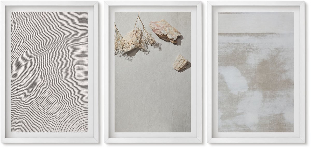Wallfluent 3-Delige Schilderij Set - Zandstenen En Een Verweerde Textuur In Boho-Stijl - 40 x 60 - Muurdecoratie - Decoratieve Schilderijen - Wohnzimmer - Woonkamer Decoratie