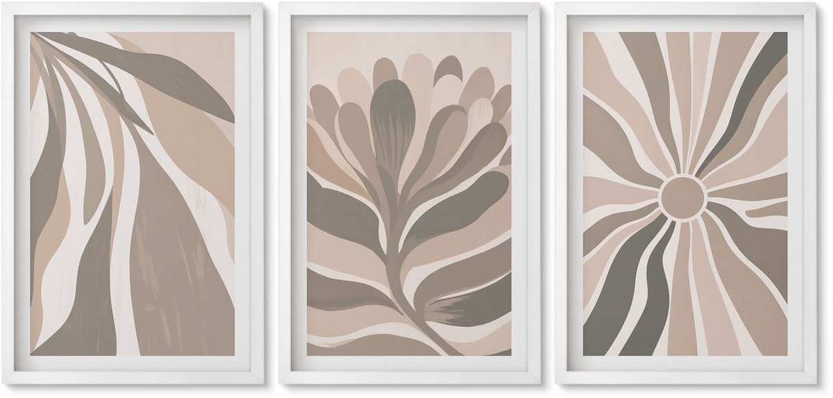 Wallfluent 3-Delige Schilderij Set - Abstracte Plantpatronen In Beige En Bruine Tinten. - 40 x 60 - Moderne Wanddecoratie - Woonkamer - Muurdecoratie