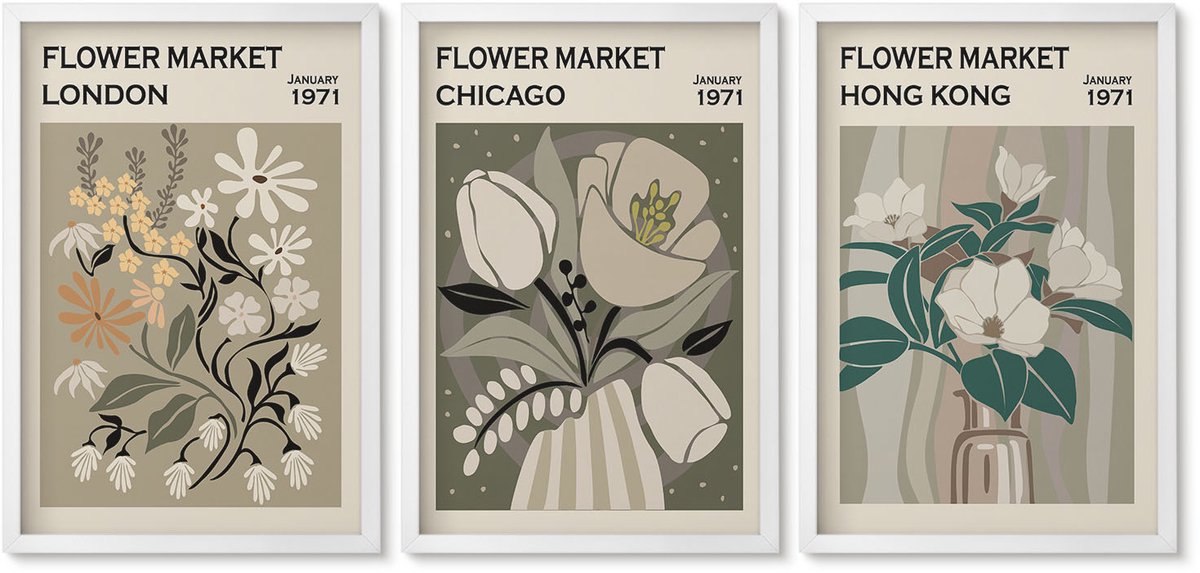 Wallfluent 3-Delige Schilderij Set - Bloemenbeurzen In Londen, Chicago En Hongkong. - 40 x 60 - Stijlvolle Muurdecoratie - Kantoor - Decoratieve Schilderijen