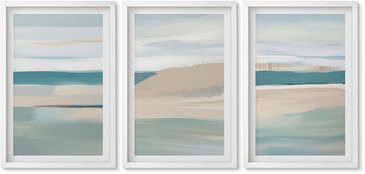 Wallfluent 3-Delige Schilderij Set - Abstracte Landschappen In Tinten Blauw En Beige. - 40 x 60 - Moderne Wanddecoratie - Slaapkamer - Decoratieve Schilderijen