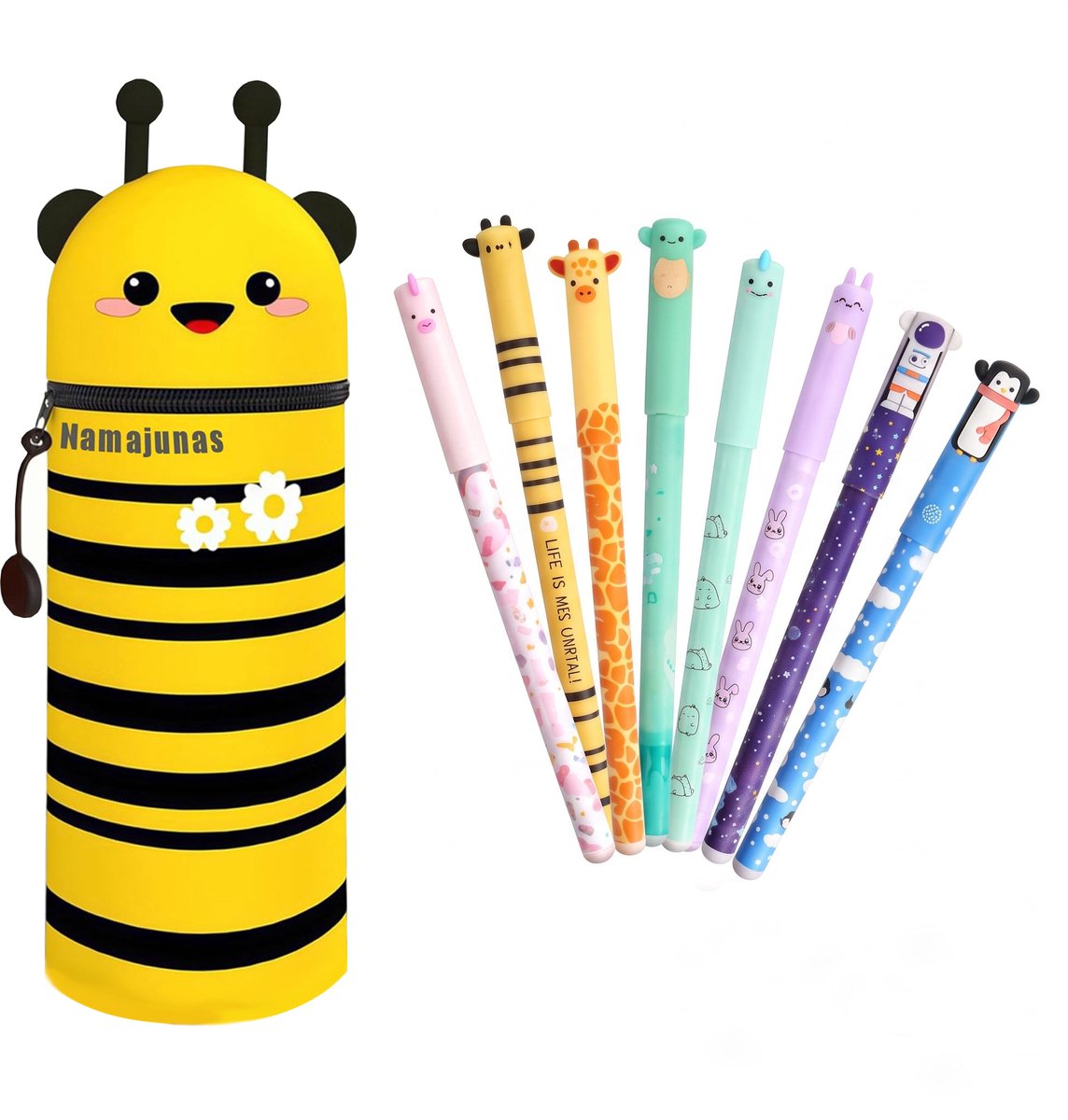 Namajunas 8-kleuren uitwisbare gelpennen - Siliconen pennenhouder - Bijenhouder - 0,6 mm punt, cartoon dierenpatroon, geschikt voor schoolspullen voor kinderen of kantoorartikelen voor volwassenen - Cadeauset