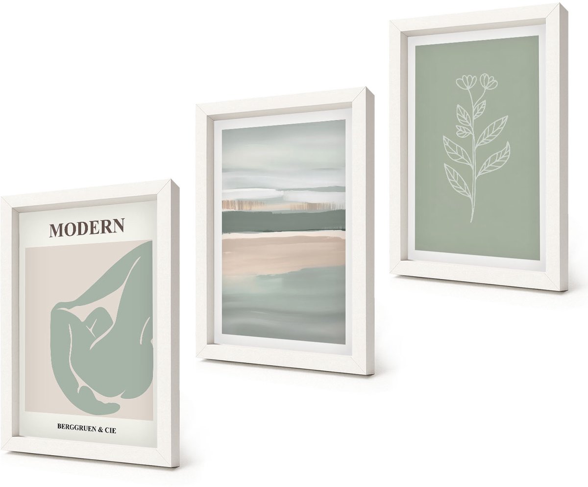Coloray 3-Delige Schilderij Set - Abstracte vormen in pasteltinten met planten - 20x30 - Stijlvolle Wanddecoratie - Interieur - Moderne Wanddecoratie