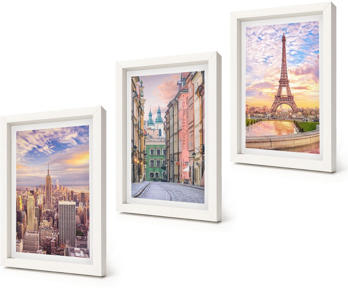 Coloray 3-Delige Schilderij Set - Uitzicht op de steden New York, Parijs en Warschau bij zonsondergang. - 20x30 - Wanddecoratie - Schilderijen Set - Interieur - Muurdecoratie