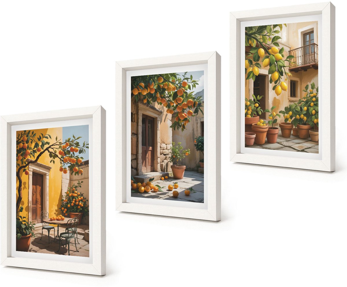 Coloray 3-Delige Schilderij Set - Citrusvruchten in een zonnige binnenplaats met planten - 20x30 - Wanddecoratie - Woonkamer Decoratie - Stijlvolle Muurdecoratie