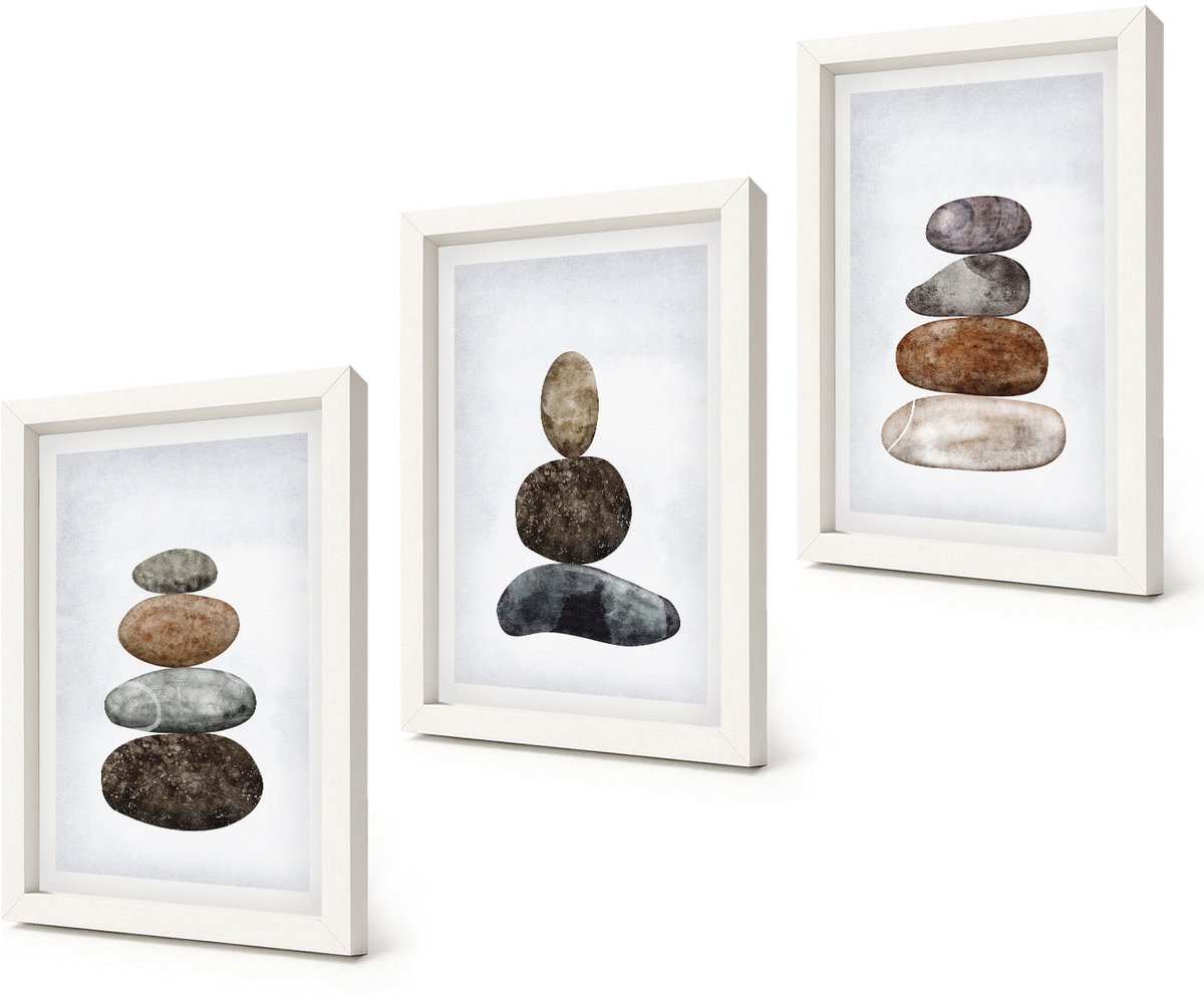 Coloray 3-Delige Schilderij Set - Minimalistisch boho-schilderij van steenstapels - 20x30 - Muurdecoratie - Decoratieve Schilderijen - Wohnzimmer - Wanddecoratie