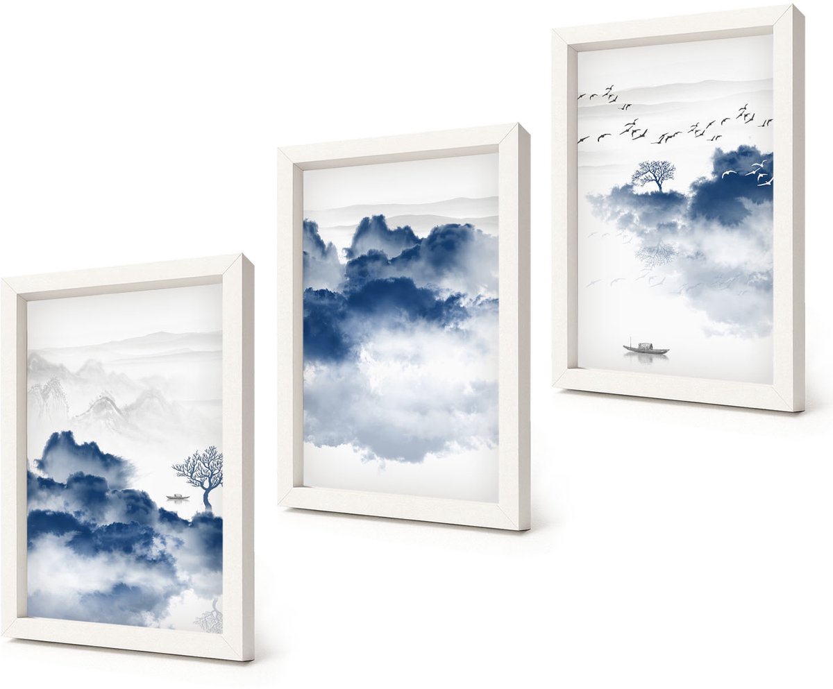 Coloray 3-Delige Schilderij Set - Wolkengebergte met bomen en vogels op de achtergrond - 20x30 - Stijlvolle Wanddecoratie - Interieur - Interieur Decoratie