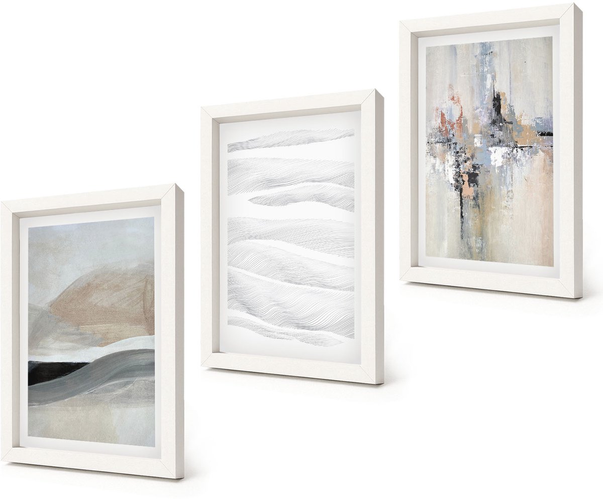 Coloray 3-Delige Schilderij Set - Abstracte patronen in neutrale aardetinten - 20x30 - Decoratieve Schilderijen - Woonkamer - Interieur