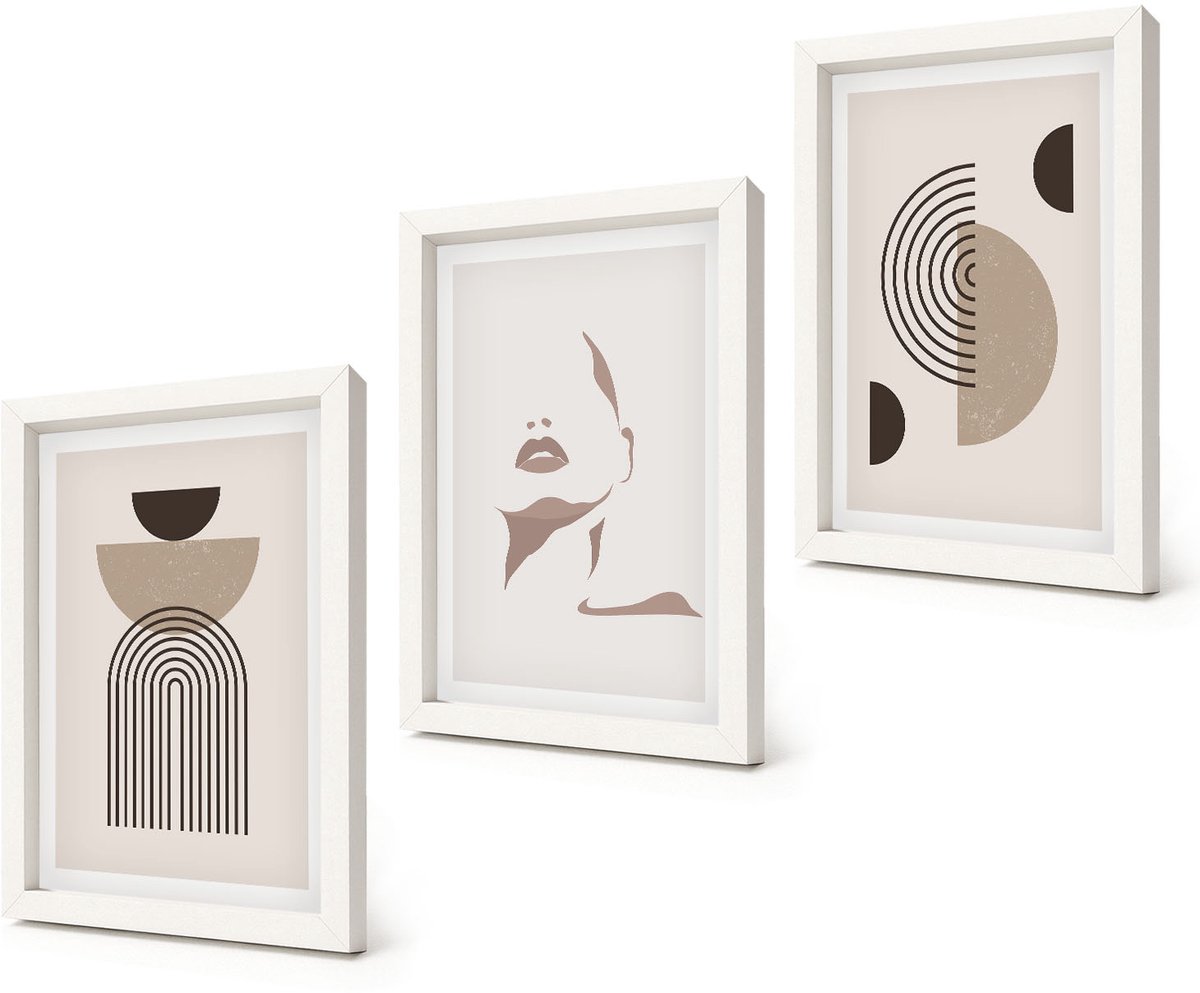 Coloray 3-Delige Schilderij Set - Abstracte geometrische vormen en gezichtssilhouet - 20x30 - Muurdecoratie - Schilderijen Set - Woonkamer - Interieur Decoratie