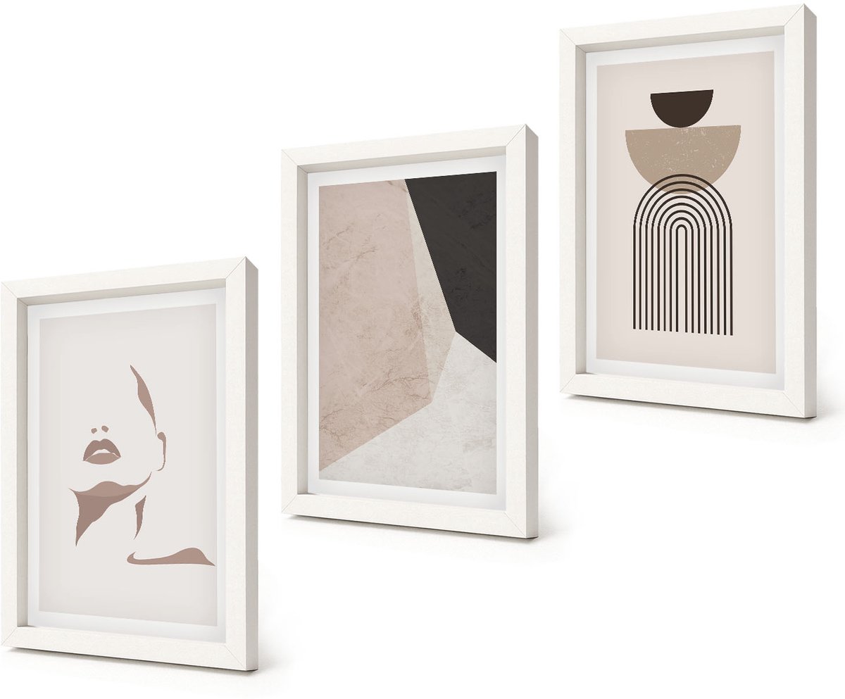 Coloray 3-Delige Schilderij Set - Abstracte geometrische vormen en een vrouwengezicht - 20x30 - Decoratieve Muurdecoratie - Slaapkamer - Woonkamer Decoratie