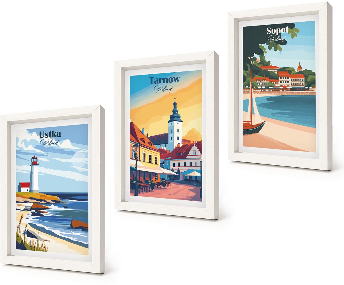 Coloray 3-Delige Schilderij Set - Uitzicht op de Poolse steden Ustka Tarnów Sopot - 20x30 - Muurdecoratie - Decoratieve Schilderijen - Wohnzimmer