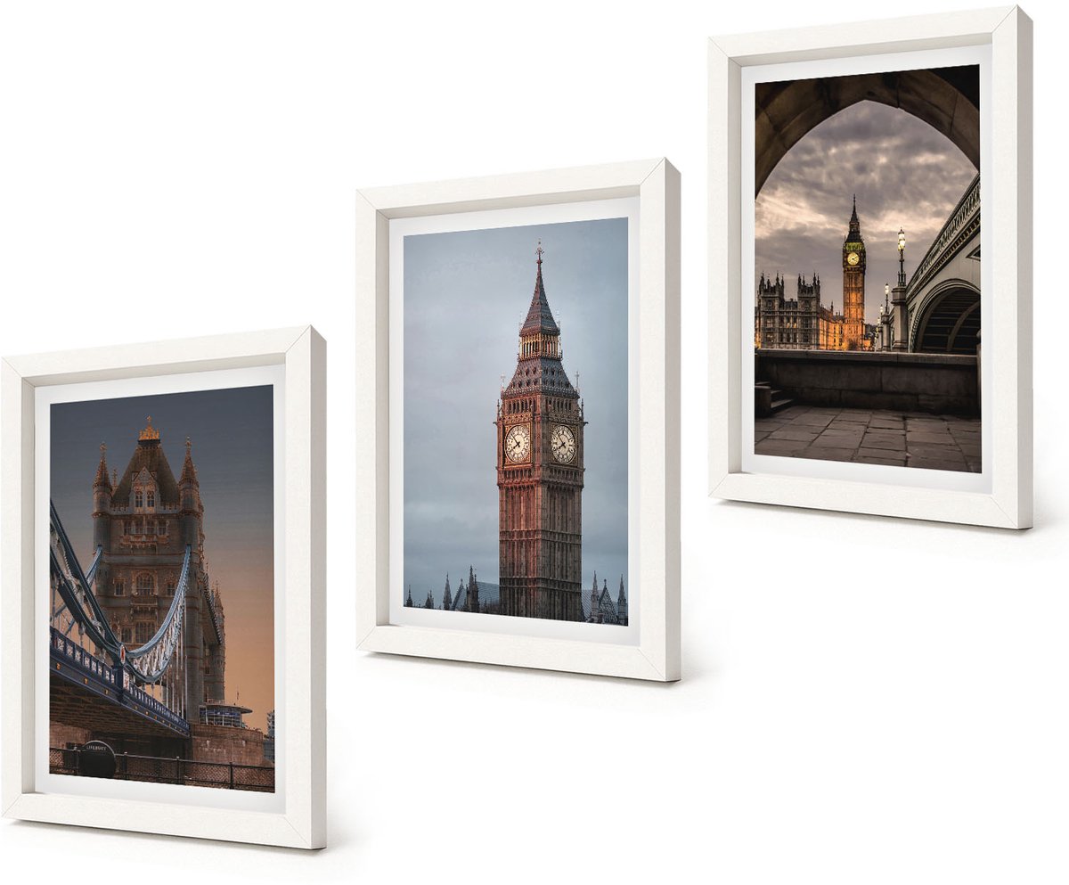 Coloray 3-Delige Schilderij Set - Uitzicht op Londen met de brug en de Big Ben. - 20x30 - Stijlvolle Muurdecoratie - Kantoor - Woonkamer Decoratie