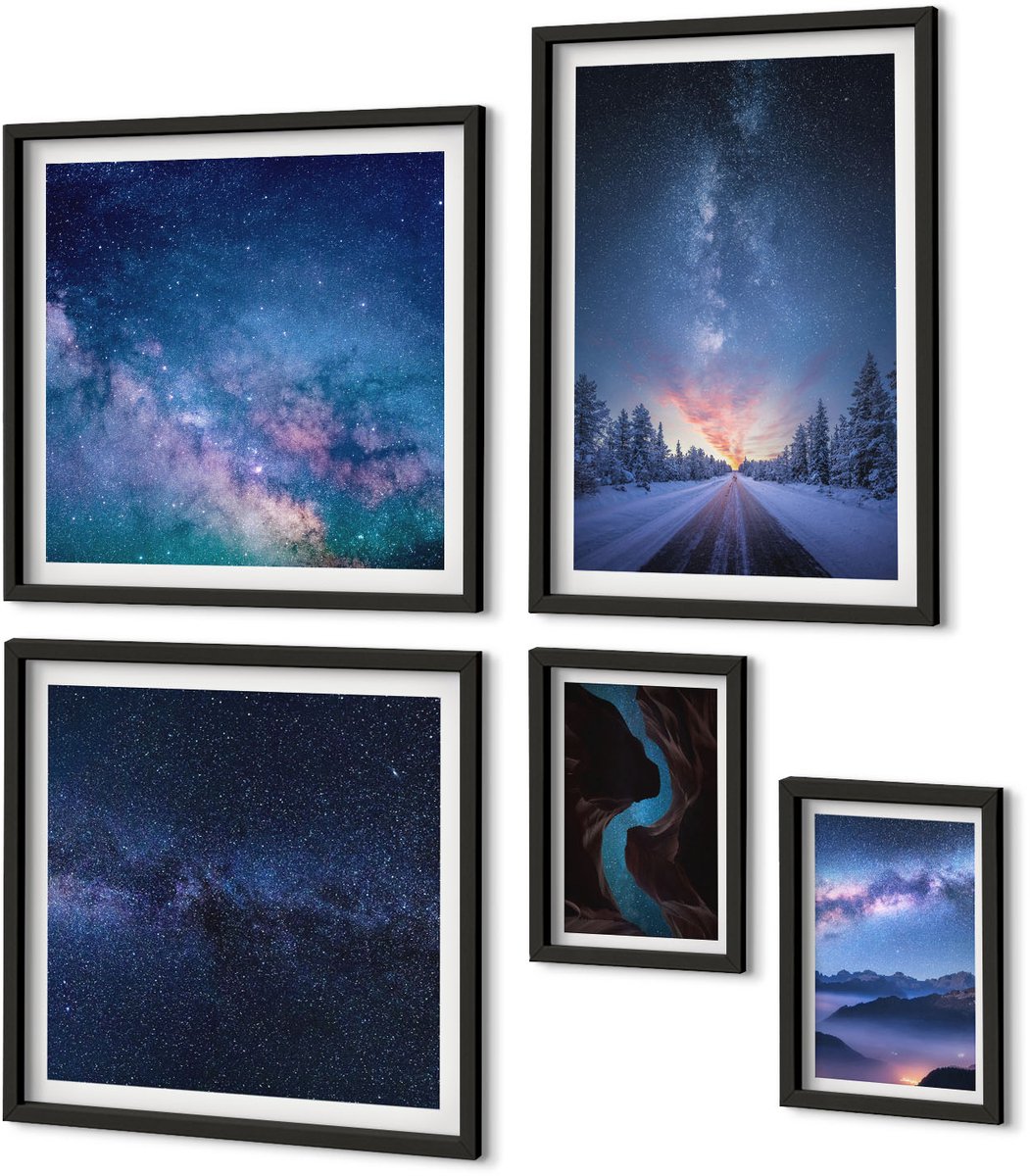 Coloray 5-Delige Schilderij Set - Ruimtenachtlandschappen Met Sterrenstelsels En Landschappen - 50 x 50 cm, 20 x 30 cm En 40 x 60 cm - Stijlvolle Muurdecoratie - Kantoor - Interieur Decoratie Zwarte lijst