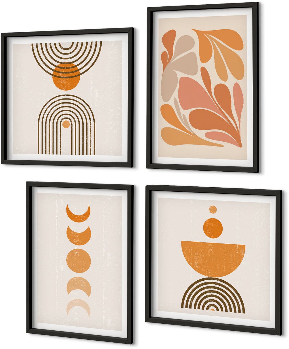 Coloray 4-Delige Schilderij Set - Abstracte Vormen In Oranje Tinten - 40 x 40 cm En 40 x 60 cm - Muurdecoratie - Decoratieve Schilderijen - Wohnzimmer Zwarte lijst