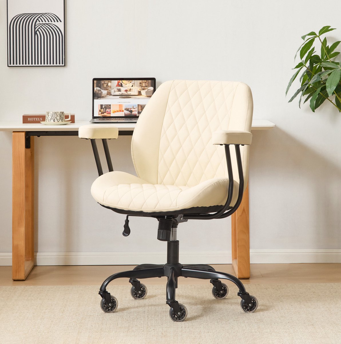 Bureaustoel Wit Leer Verstelbare Zithoogte Kantelbare Rugleuning Met Wielen En Armleuningen Voor Thuis En Kantoor 62 X 62 X 96 Cm