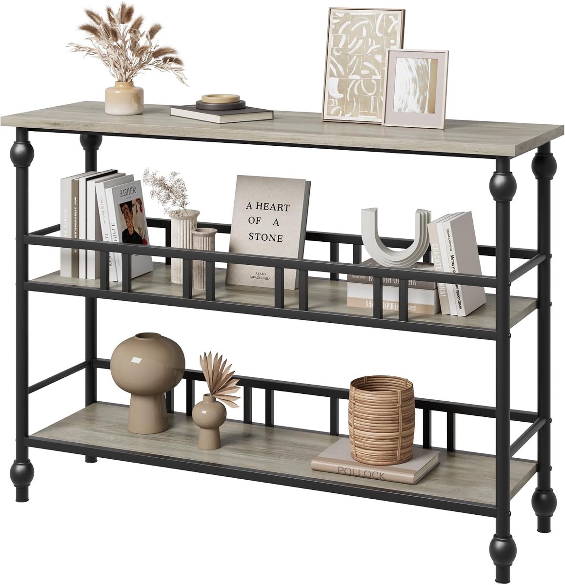 Rustieke consoletafel met 3 niveaus – Smalle haltafel met opbergplanken – Moderne houten bijzettafel voor woonkamer, hal of slaapkamer – Stevig ontwerp – Grijs