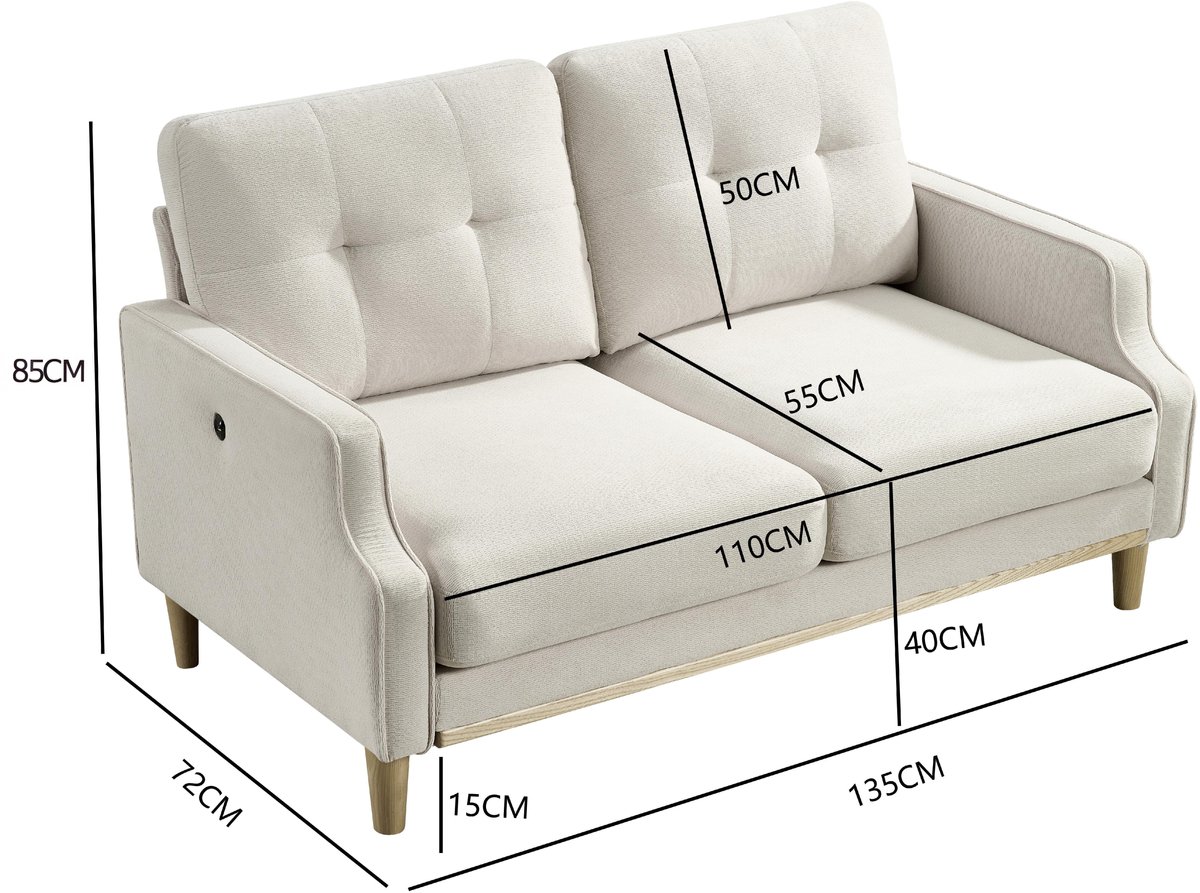 2-zits bank met USB oplaadpoort - Compact voor kleine ruimtes en appartement - 2 zitplaatsen - Grijs - Waterdichte polyester stof - Houten poten en dik zitkussen