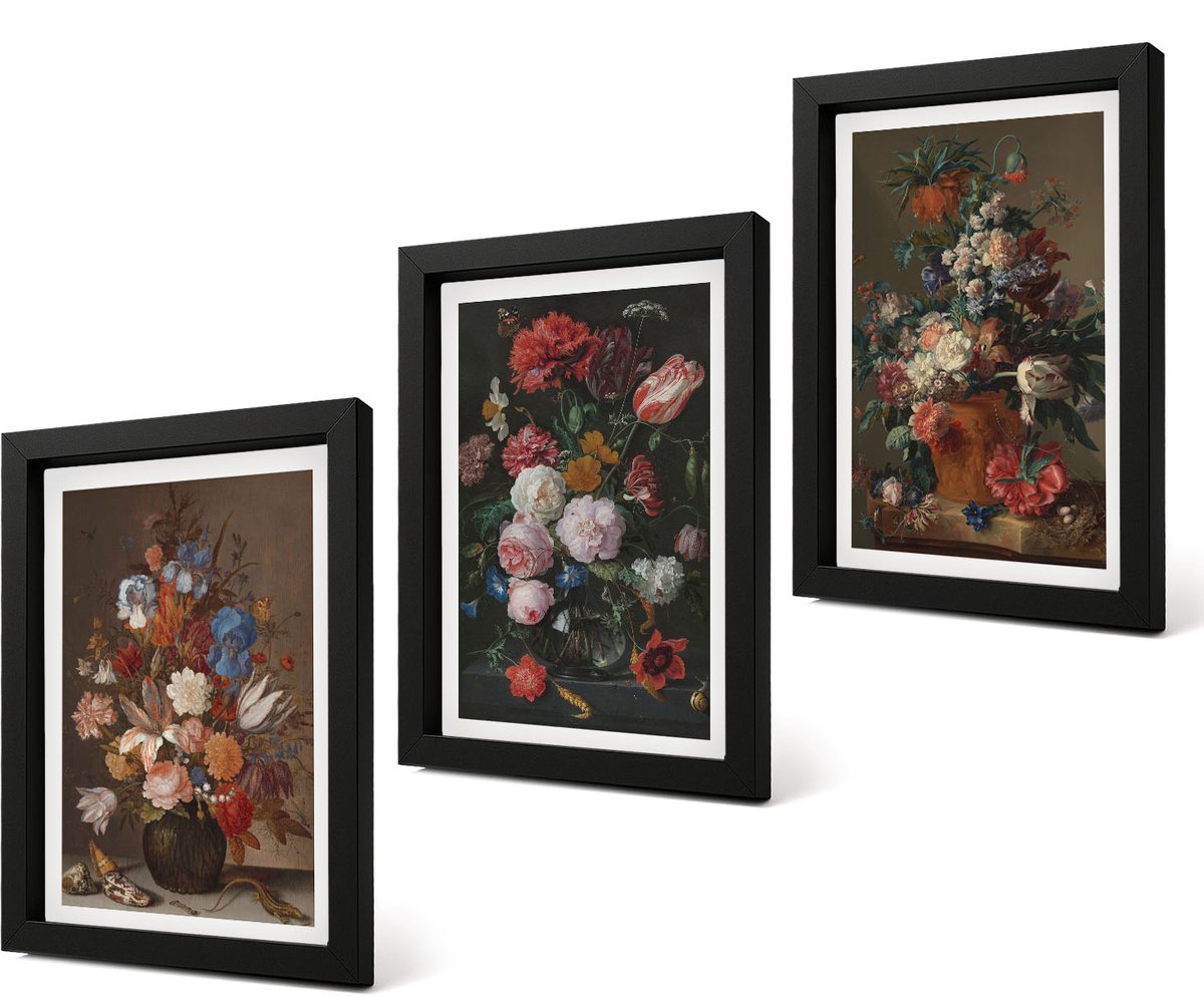 Coloray 4-Delige Schilderij Set - Bloemen in vazen: diverse vintage plantencomposities - 20 x 30 cm - Muurdecoratie - Schilderijen Set - Woonkamer - Interieur Decoratie