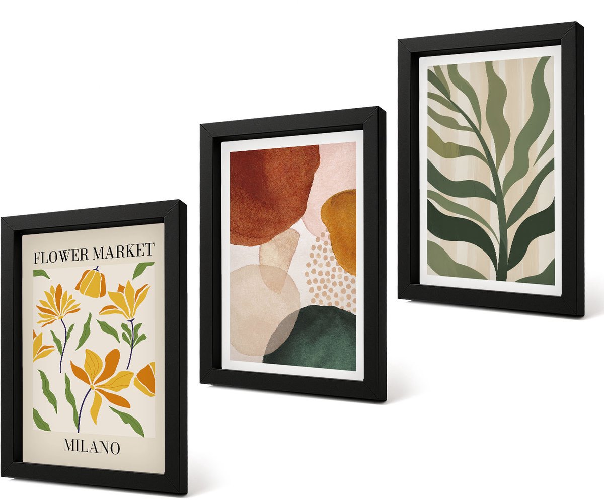 Coloray 4-Delige Schilderij Set - Bloemmotieven met abstracte vormen en bladeren - 20 x 30 cm - Muurdecoratie - Interieur Decoratie - Stijlvolle Muurdecoratie