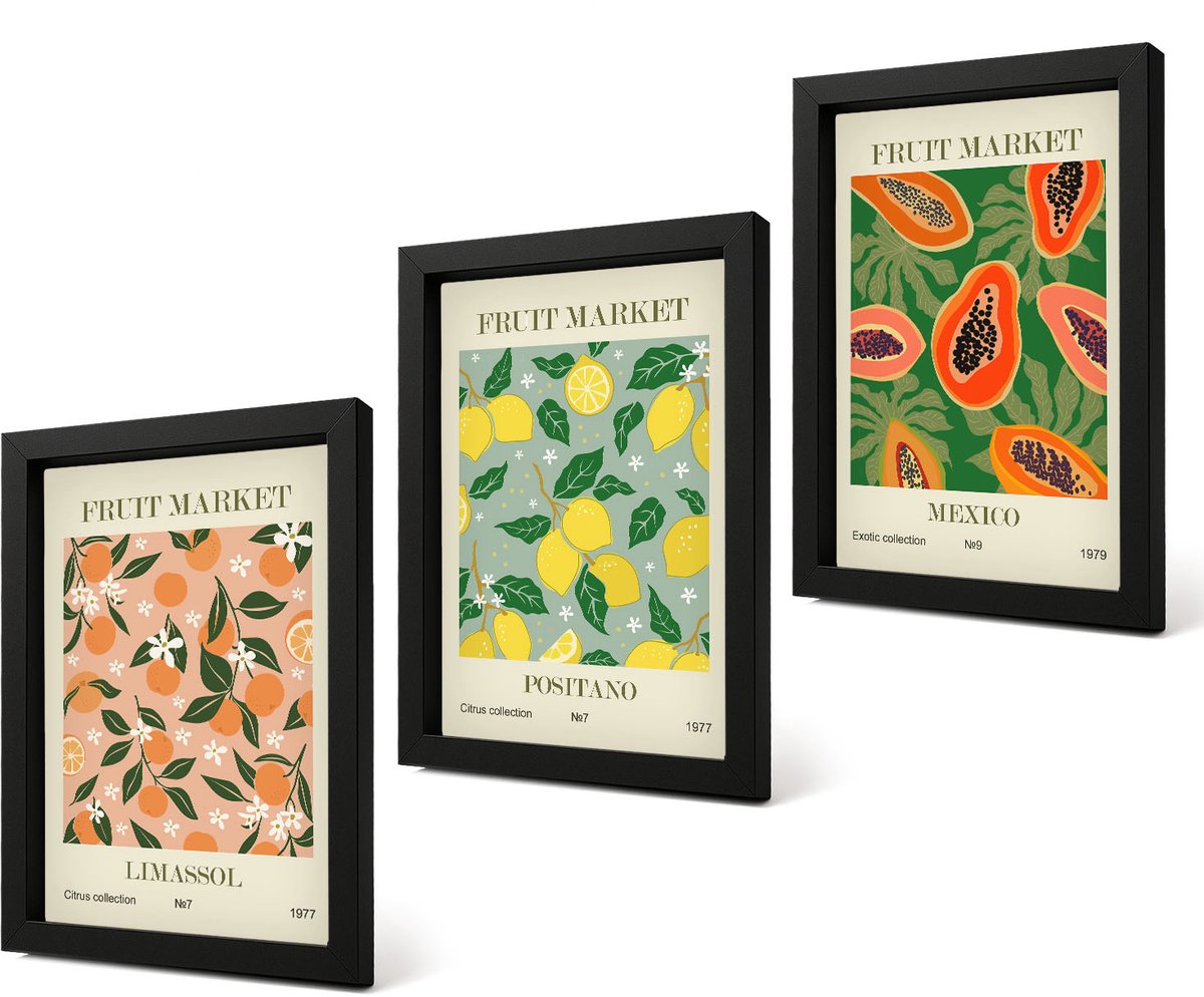 Coloray 4-Delige Schilderij Set - Citrus- en tropische vruchten in retrostijl - 20 x 30 cm - Moderne Wanddecoratie - Slaapkamer - Decoratieve Schilderijen