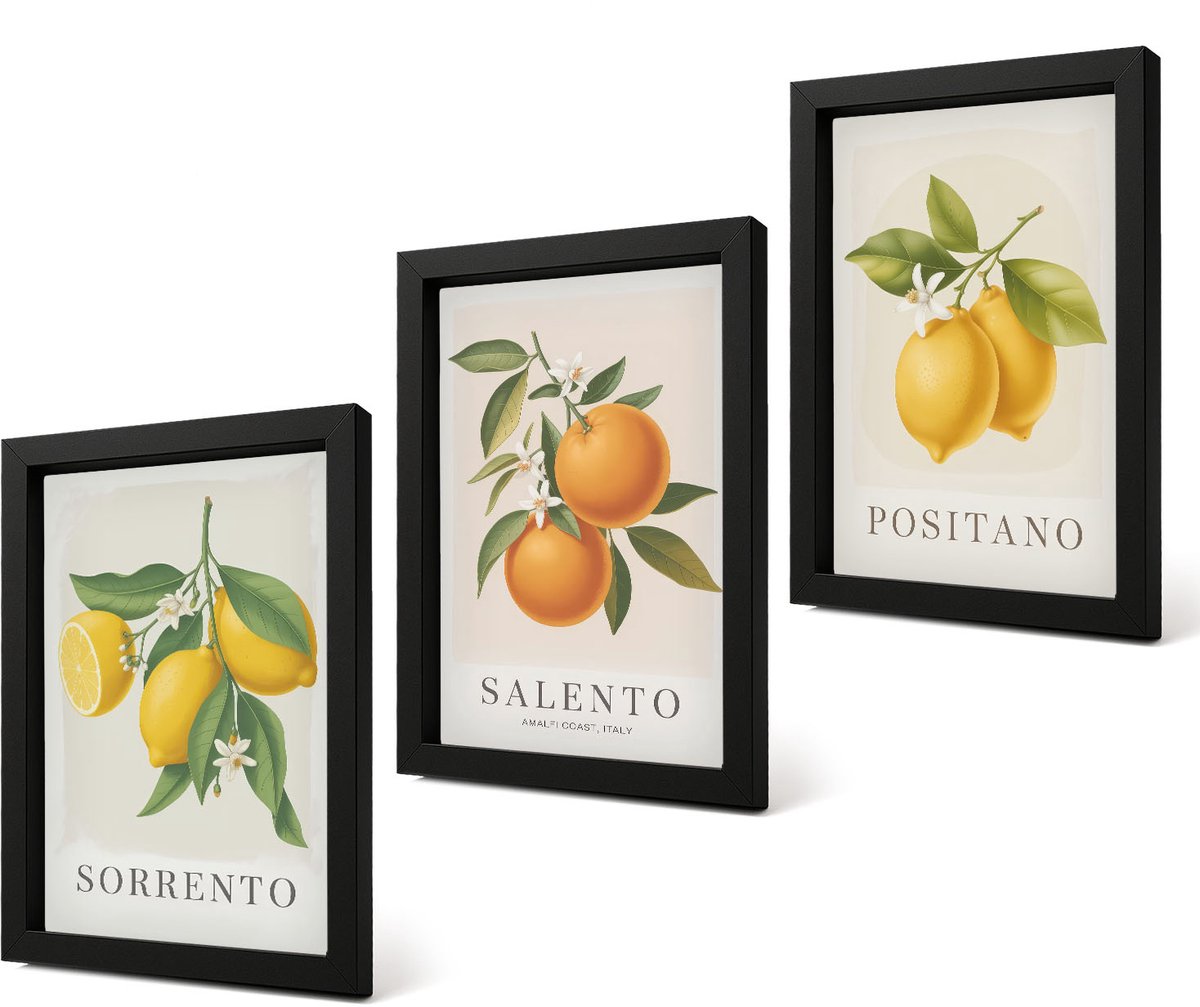 Coloray 4-Delige Schilderij Set - Citroenen en sinaasappels van de Amalfikust in Italië - 20 x 30 cm - Muurdecoratie - Wanddecoratie - Slaapkamer - Interieur Decoratie