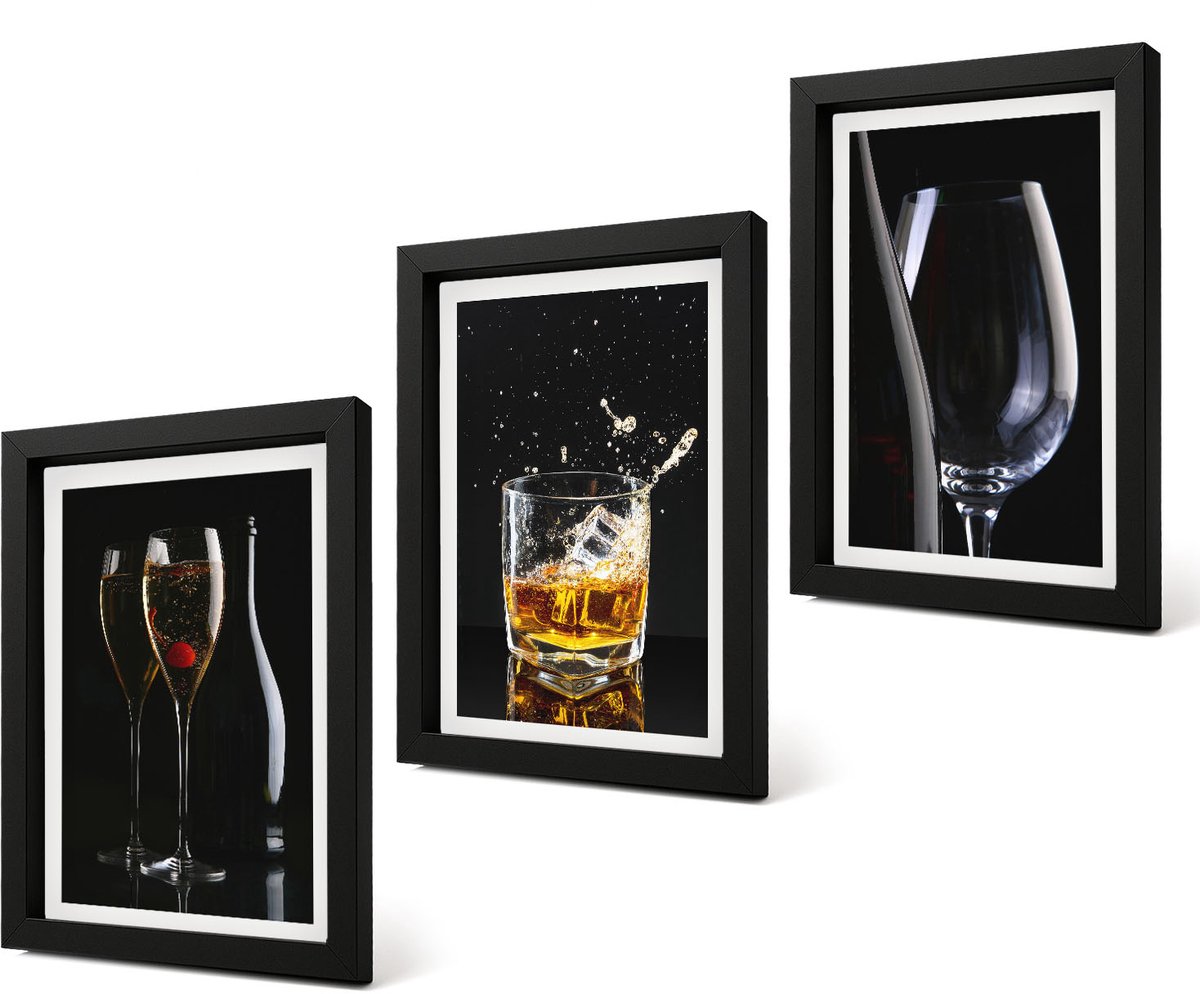 Coloray 4-Delige Schilderij Set - Wijn- en whiskyglazen op een zwarte achtergrond. - 20 x 30 cm - Muurdecoratie - Schilderijen Set - Woonkamer - Interieur Decoratie