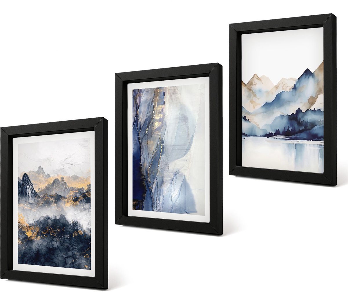 Coloray 4-Delige Schilderij Set - Berglandschappen met blauwe en grijze tinten - 20 x 30 cm - Wanddecoratie - Moderne Interieurdecoratie - Decoratieve Schilderijen