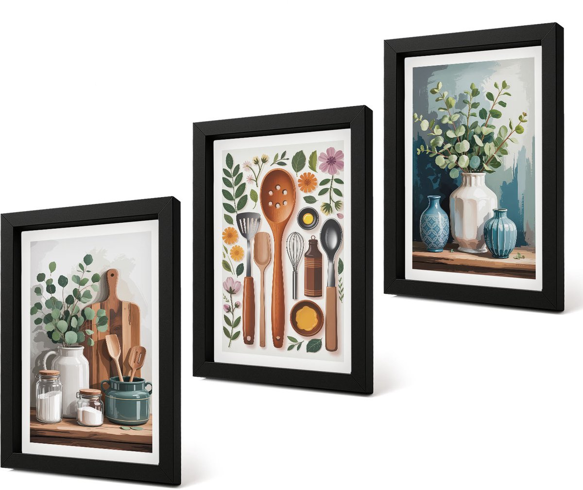 Coloray 4-Delige Schilderij Set - Keukenaccessoires met planten in een moderne stijl - 20 x 30 cm - Stijlvolle Muurdecoratie - Slaapkamer - Wanddecoratie
