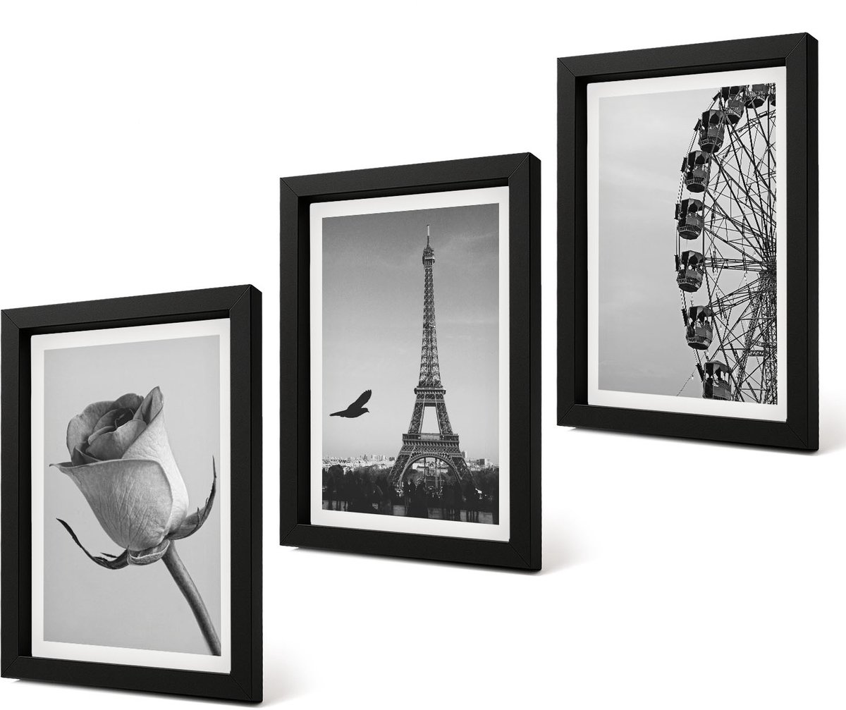 Coloray 4-Delige Schilderij Set - Roze Eiffeltoren en reuzenrad in zwart-wit - 20 x 30 cm - Muurdecoratie - Decoratieve Schilderijen - Wohnzimmer
