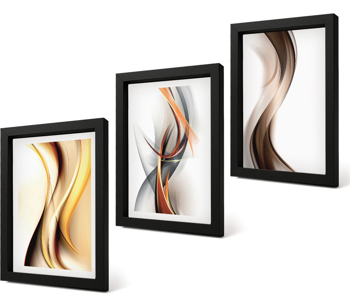 Coloray 4-Delige Schilderij Set - Golven in tinten geel, grijs en bruin. - 20 x 30 cm - Decoratieve Muurdecoratie - Slaapkamer - Decoratieve Schilderijen
