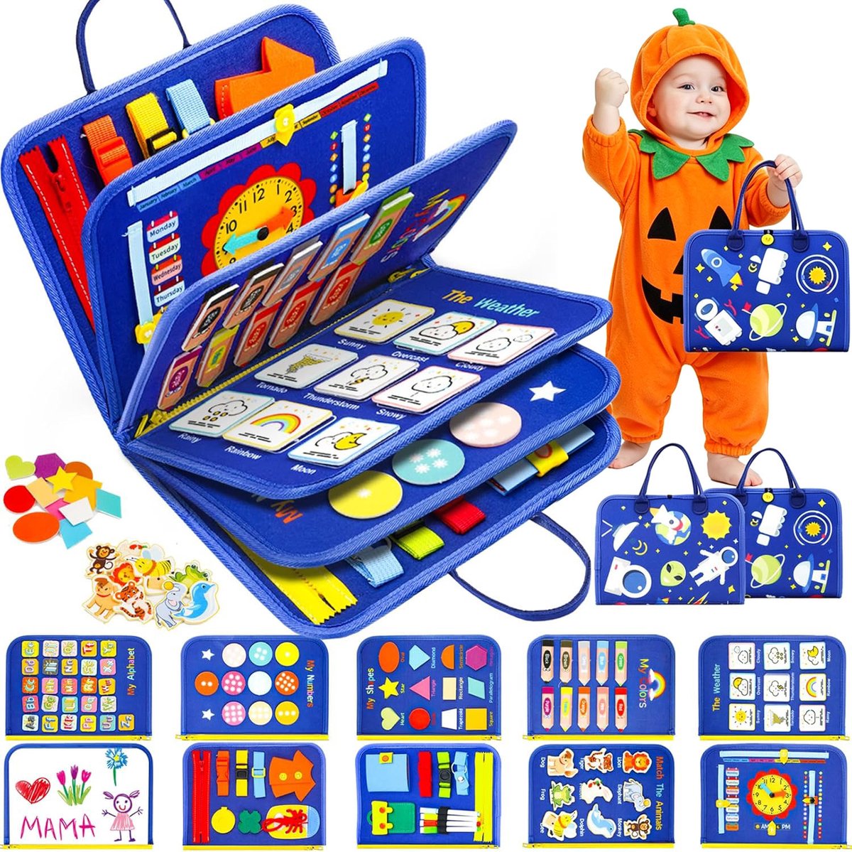 Busy Board – Montessori Speelgoed voor Jongens – Sensorisch Bord Verjaardagscadeautjes – Educatief Activiteitenboek – Leer Speelgoed – Peuter Leeractiviteiten & Reisspeelgoed voor Vliegtuig & Auto – Blauw