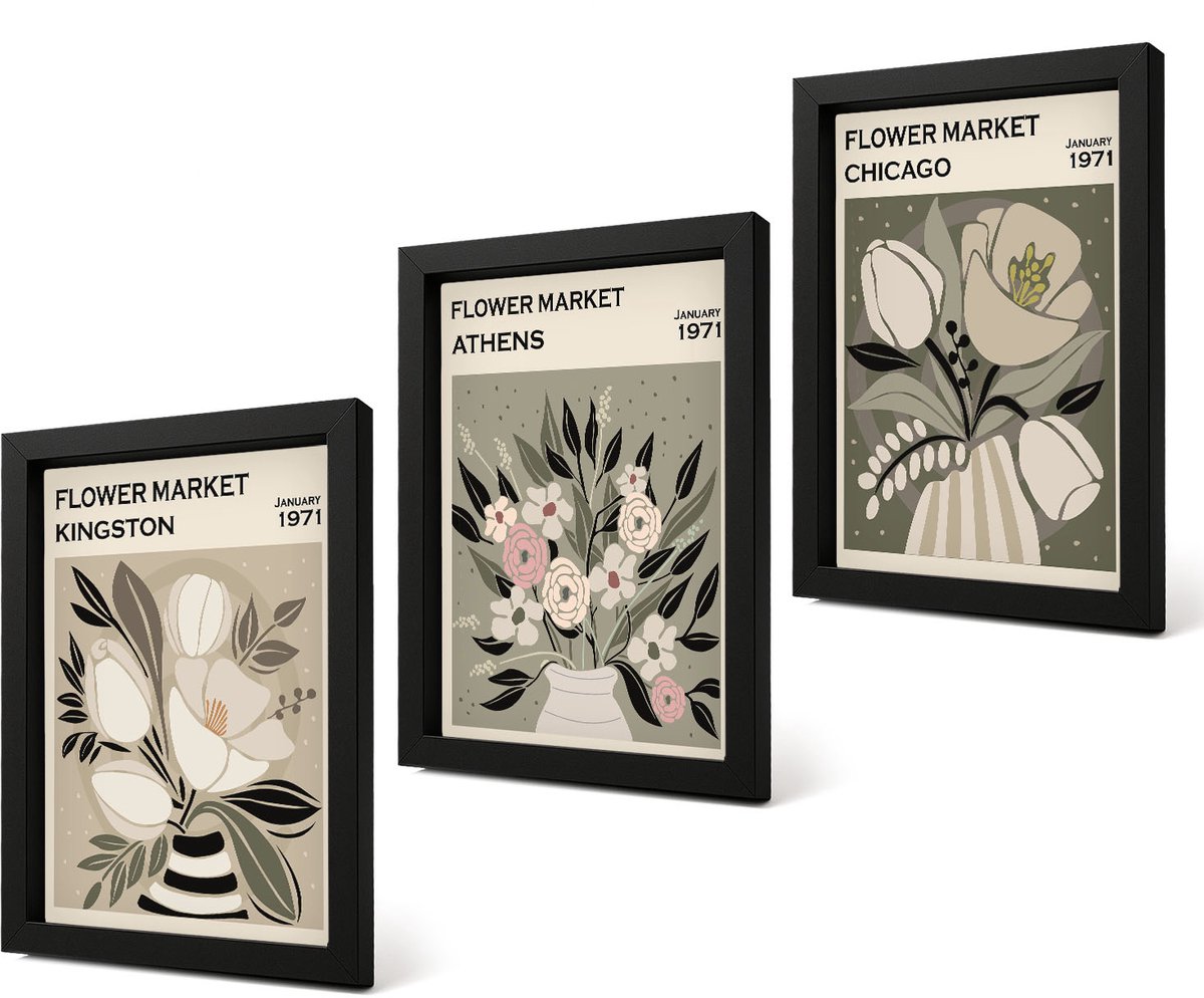 Coloray 4-Delige Schilderij Set - Bloemstukken uit verschillende steden in retrostijl - 20 x 30 cm - Decoratieve Muurdecoratie - Slaapkamer - Interieur Decoratie Zwarte lijst