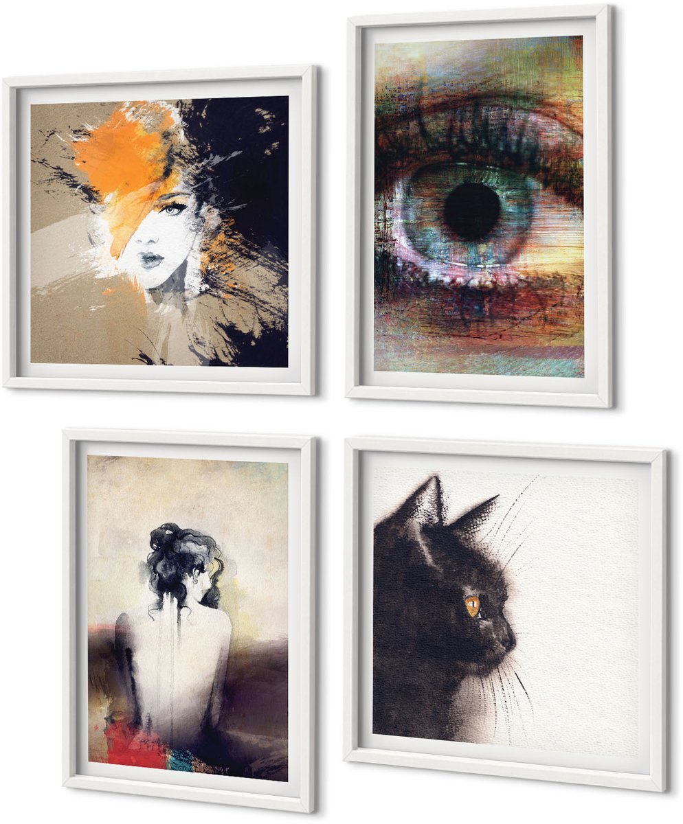 Coloray 4-Delige Schilderij Set - Portret Van Een Vrouwenoog Abstracte Kleuren Emoties - 40 x 40 En 40 x 60 - Muurdecoratie - Decoratieve Schilderijen - Wohnzimmer - Woonkamer Decoratie