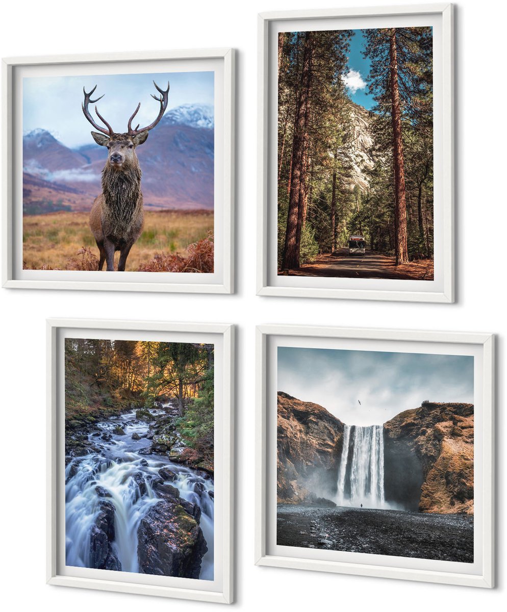 Coloray 4-Delige Schilderij Set - Waterval In Het Bosgebergte En Herten In De Natuur - 40 x 40 En 40 x 60 - Muurdecoratie - Schilderijen Set - Woonkamer