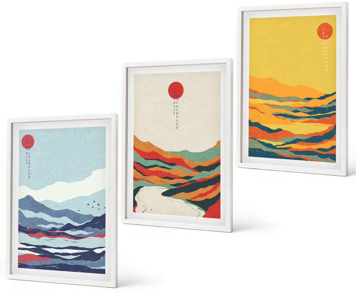 Coloray 3-Delige Schilderij Set - Kleurrijke Abstracte Berg- En Rivierlandschappen - 40 x 60 - Muurdecoratie - Decoratieve Schilderijen - Wohnzimmer - Stijlvolle Muurdecoratie