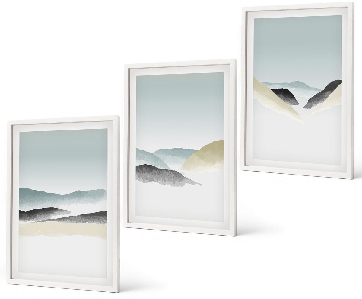 Coloray 3-Delige Schilderij Set - Minimalistische Bergen In Delicate Pasteltinten - 40 x 60 - Muurdecoratie - Wanddecoratie - Slaapkamer - Interieur Decoratie