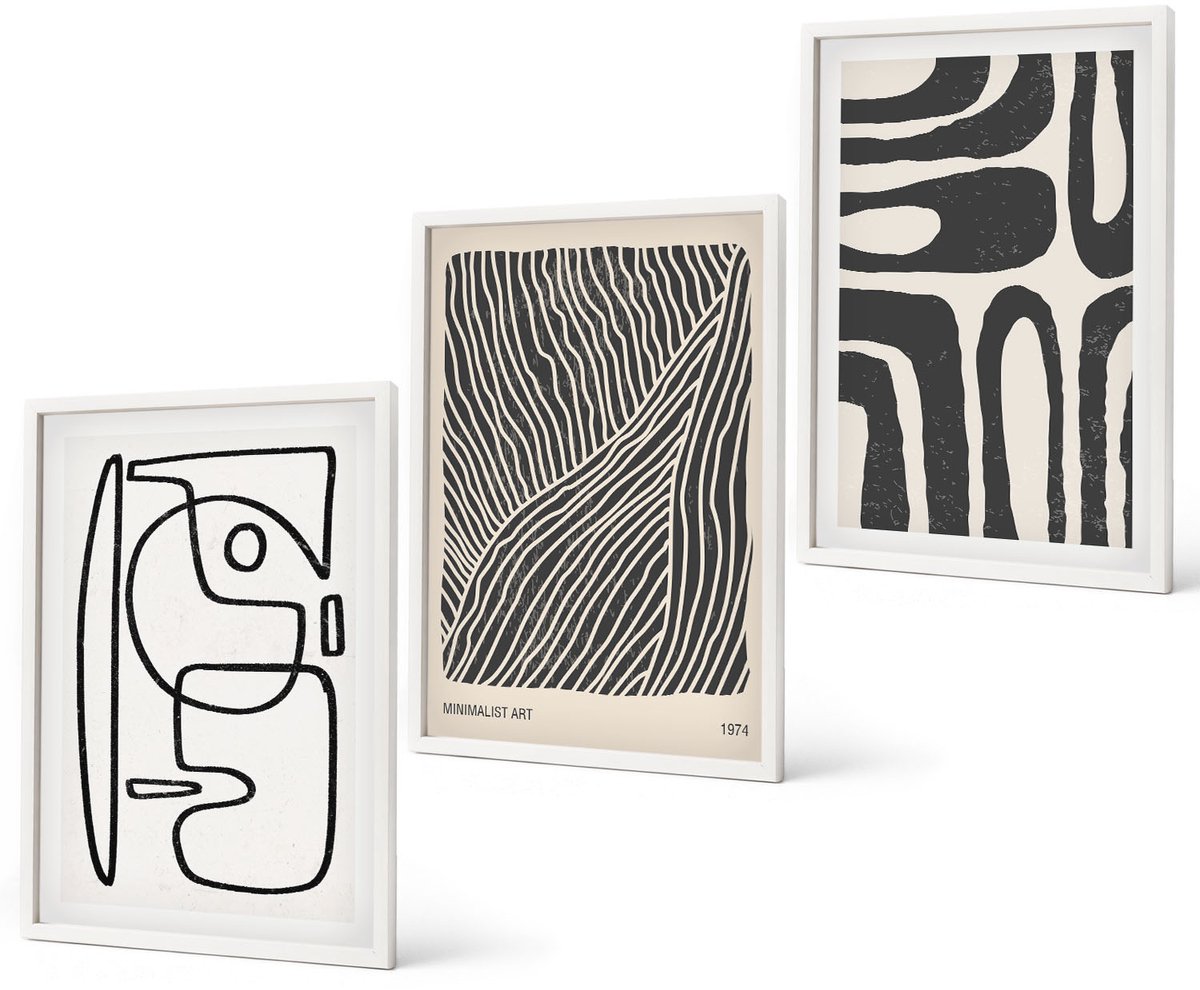 Coloray 3-Delige Schilderij Set - Abstracte Patronen Met Lijnen En Texturen Op Een Lichte Achtergrond. - 40 x 60 - Wanddecoratie - Muurdecoratie - Woonkamer