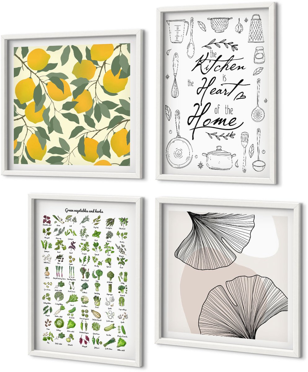 Coloray 4-Delige Schilderij Set - Lijst Met Keukenkruiden, Belettering En Beschilderde Citroenen - 40 x 40 En 40 x 60 - Wanddecoratie - Muurdecoratie - Moderne Interieurdecoratie - Moderne Wanddecoratie
