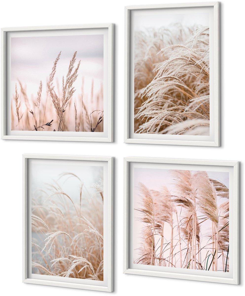 Coloray 4-Delige Schilderij Set - Grasvelden In Delicate Tinten Bruin En Beige. - 40 x 40 En 40 x 60 - Wanddecoratie - Schilderijen Set - Interieur - Interieur Decoratie