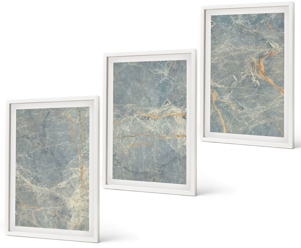 Coloray 3-Delige Schilderij Set - Decoratieve Steenstructuur Van Groen Geaderd Marmer. - 40 x 60 - Muurdecoratie - Wanddecoratie - Slaapkamer - Decoratieve Schilderijen