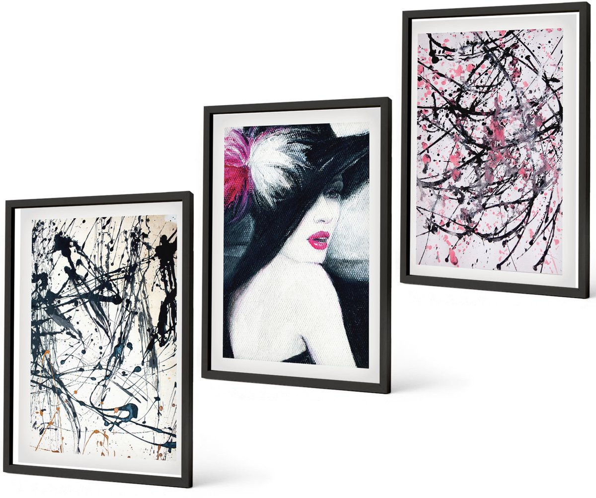 Coloray 3-Delige Schilderij Set - Abstracte Verfpatronen Vrouw Met Hoed - 40 x 60 cm - Stijlvolle Muurdecoratie - Kantoor - Decoratieve Schilderijen