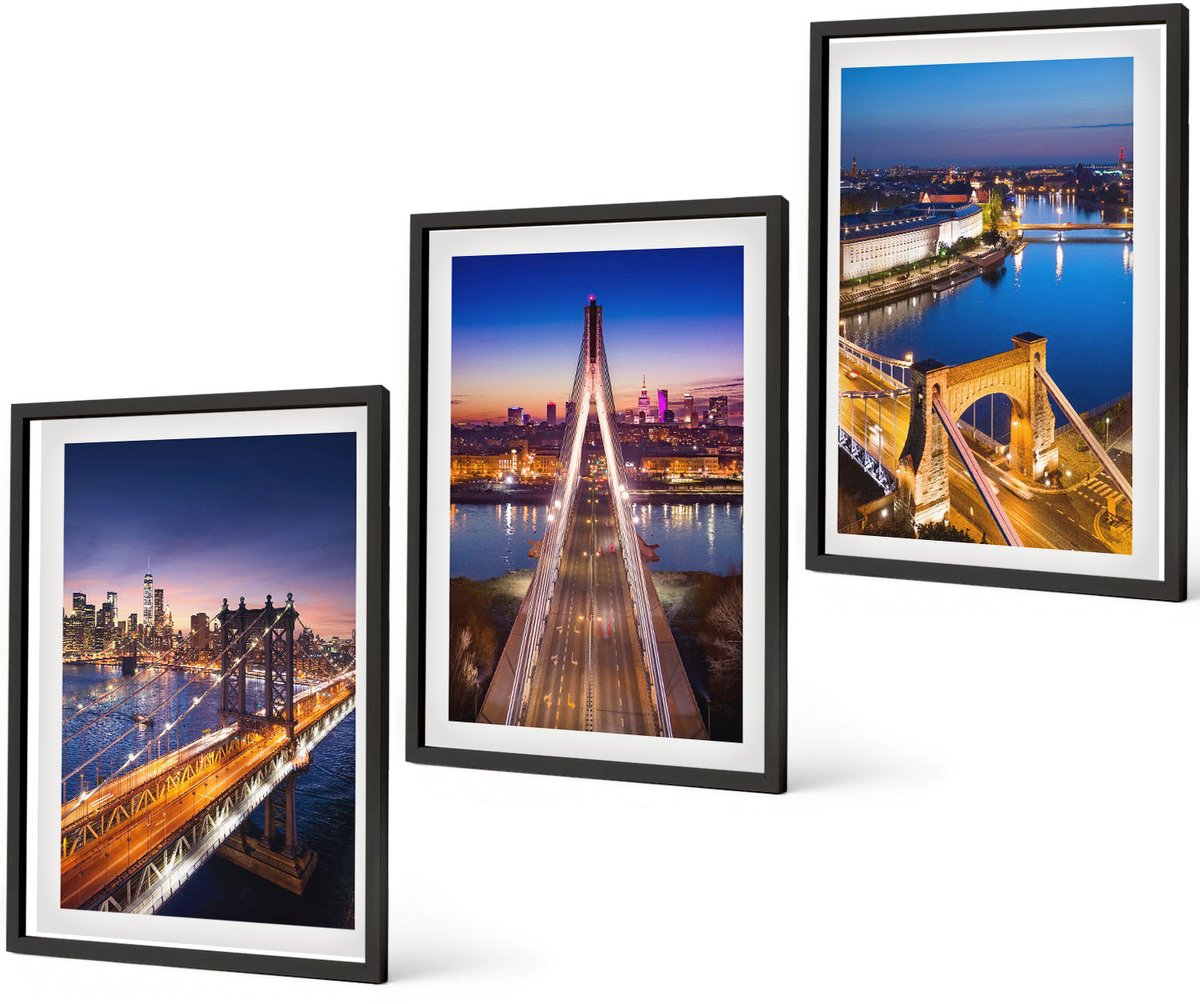 Coloray 3-Delige Schilderij Set - Stadsgezichten 'S Nachts Met Bruggen En Rivieren - 40 x 60 cm - Wanddecoratie - Woonkamer Decoratie Zwarte lijst