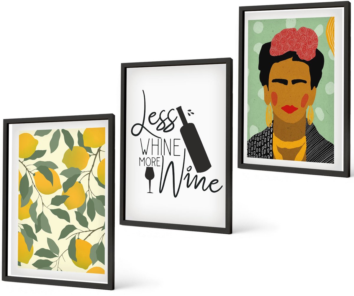 Coloray 3-Delige Schilderij Set - Citroenen Wachtwoord Over Wijn Portret Van Frida Kahlo - 40 x 60 cm - Muurdecoratie - Decoratieve Schilderijen - Wohnzimmer
