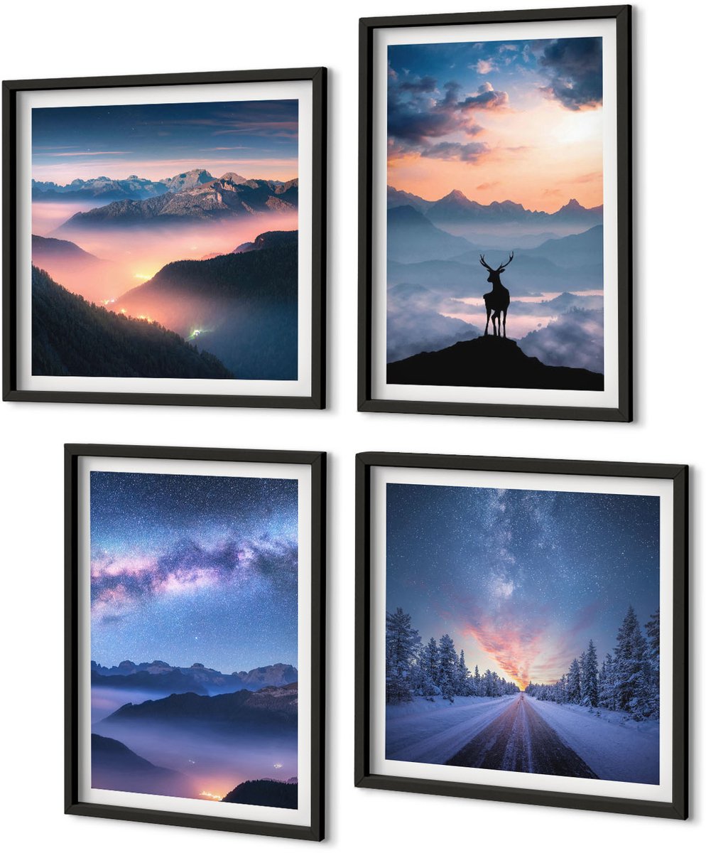 Coloray 4-Delige Schilderij Set - Nachtelijke Hemel, Berglandschappen In De Mist En Herten - 40 x 40 cm En 40 x 60 cm - Muurdecoratie - Decoratieve Schilderijen - Wohnzimmer Zwarte lijst