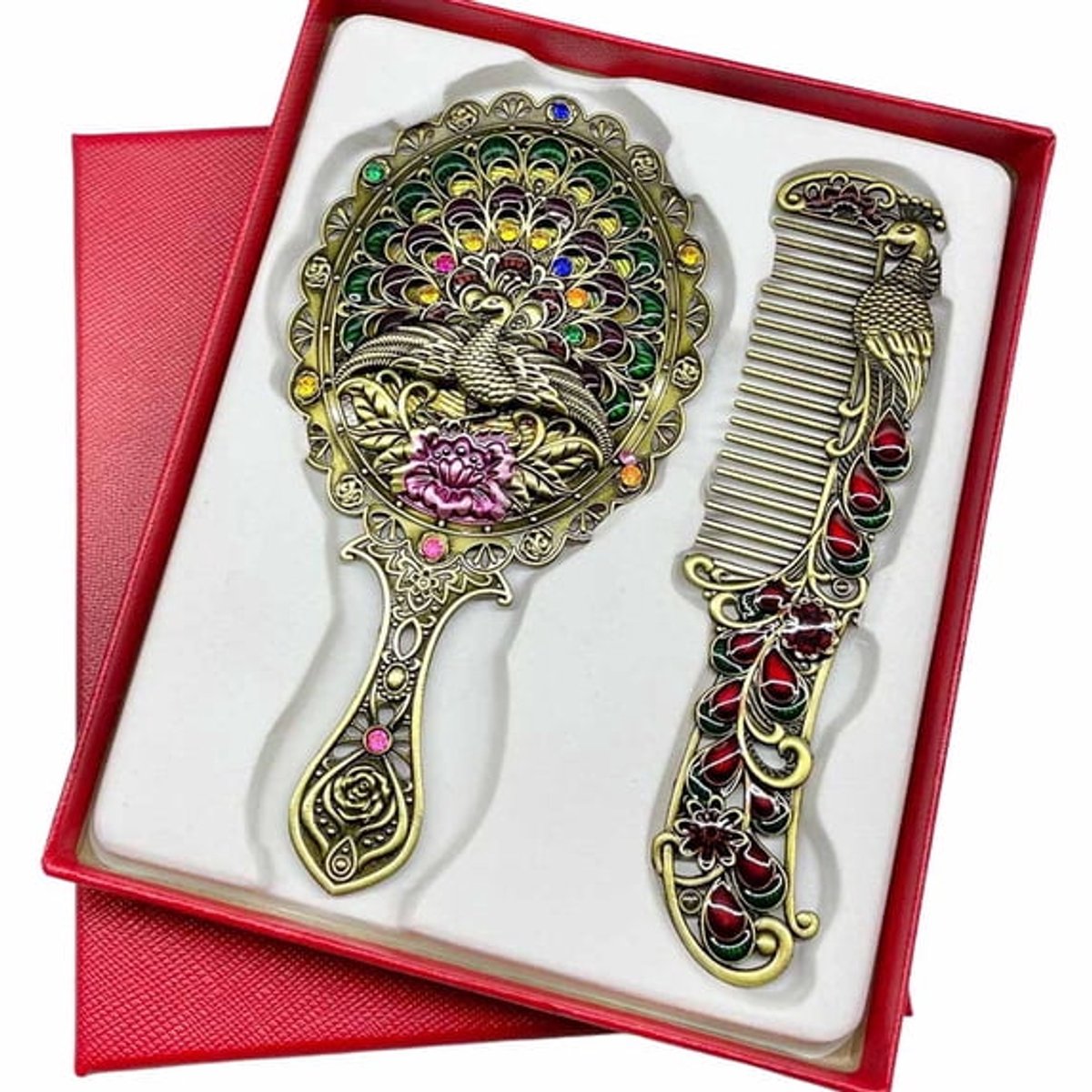Handspiegel - Vintage Handspiegel en Kam - Zinklegering - Luxe Make-up Spiegel - met Strass Stenen & Vlinder Design - Compacte Spiegel - voor Kaptafel, Tas & Reizen - Uniek Cadeau