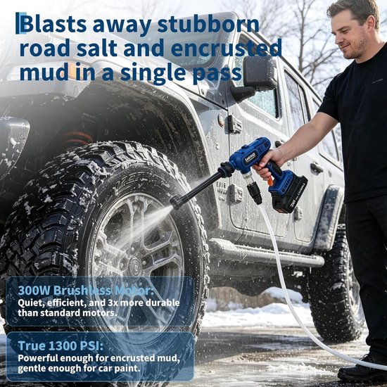 Accu Hogedrukreiniger - Borstelloze Motor - 1300 PSI - 6-in-1 Sproeikop - Zelfaanzuigend - Ultralicht 0.98kg - Draagbare Reinigingsspuit inclusief Harde Koffer & 5m Slang — afbeelding 2